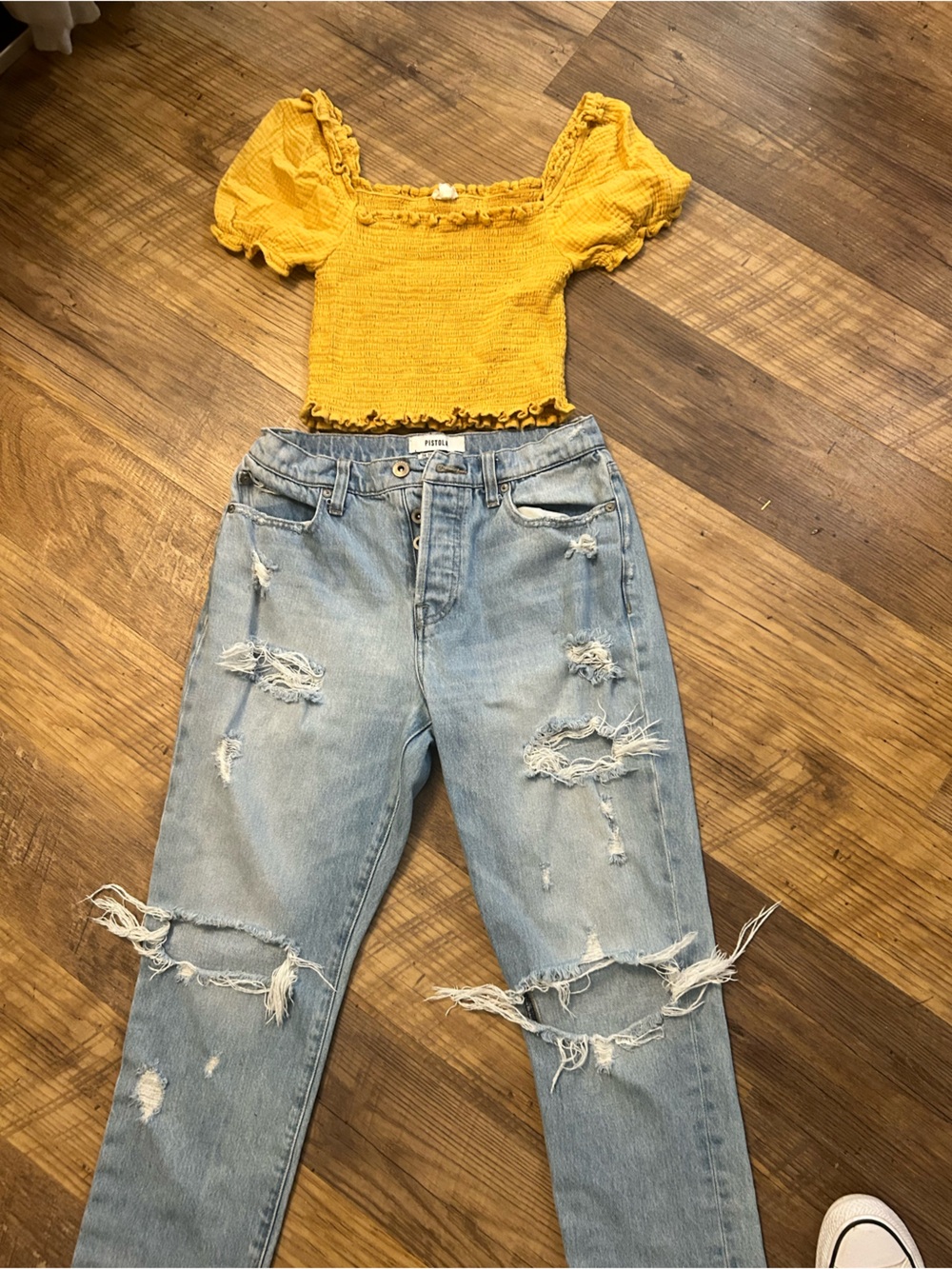 pistola Light Wash Distressed Boyfriend Jeans with Yellow smocked crop top small